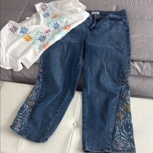 Tribal Blue Ankle Cropped Jeans with Embroidery and matching Top